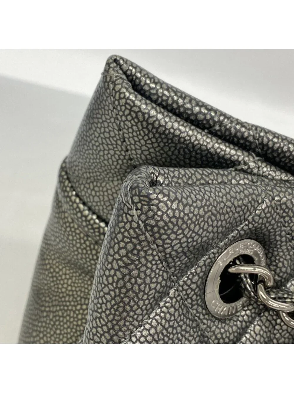 Chanel Chain Tote Quilted Caviar Leather Gray Silver